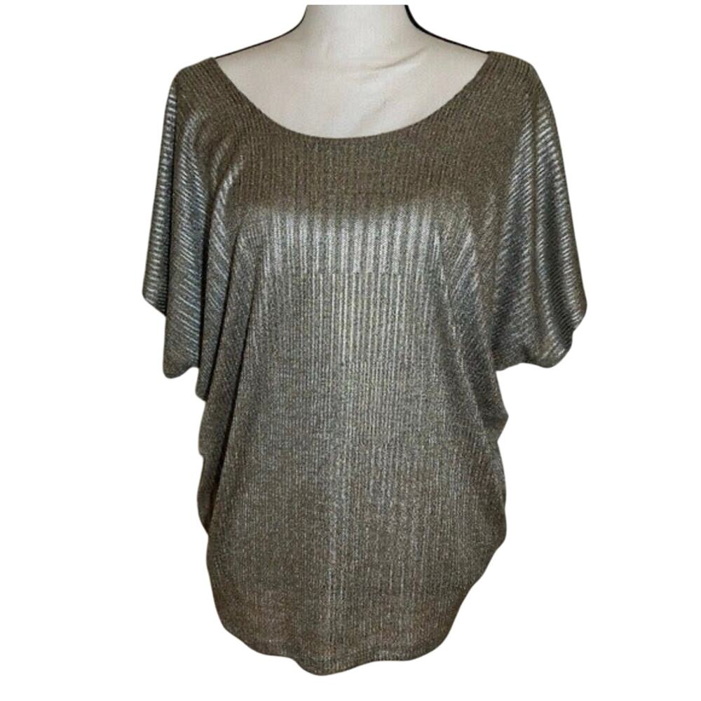 Silver Metallic Kim & Cami Short Dolman Sleeve  Scoop Neck Blouse Size Large